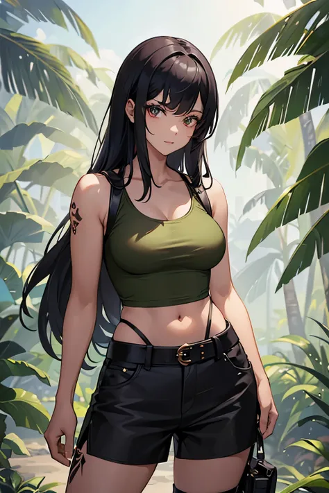 She is a treasure hunter in her early 20s who is on an adventure to find treasure. She is wearing a khaki tank top and black skirt pants. Her appearance is very sharp like a dinosaur. Her skin color is light and her eyes are red. She also has one tattoo an...