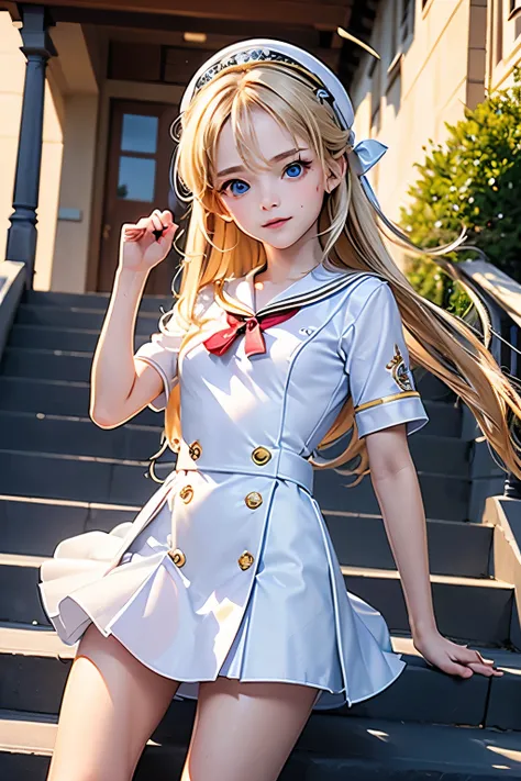 masterpiece,Best Quality,Very detailed,beautiful girl, teenager,Sailor suit,uniform,Outdoor,Stairs to the sky,Small breasts,Narrow waist,Straight blonde hair,Perfect Blue Eyes,Very cute,Active pose