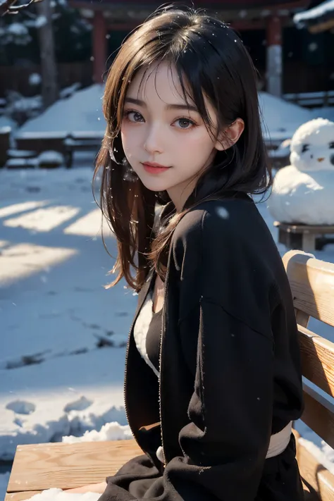 snow station.((masterpiece)), ((best quality)), ((ultra-detailed)),((hyperrealistic)),(japanese cute girl),(shiny skin),1 ladyl,(black hair),long hair,(black eyes,tareme,droopy eyes),(slenderbody),small breasts,,,sitting,bench,(black sweater,coat),((snowin...