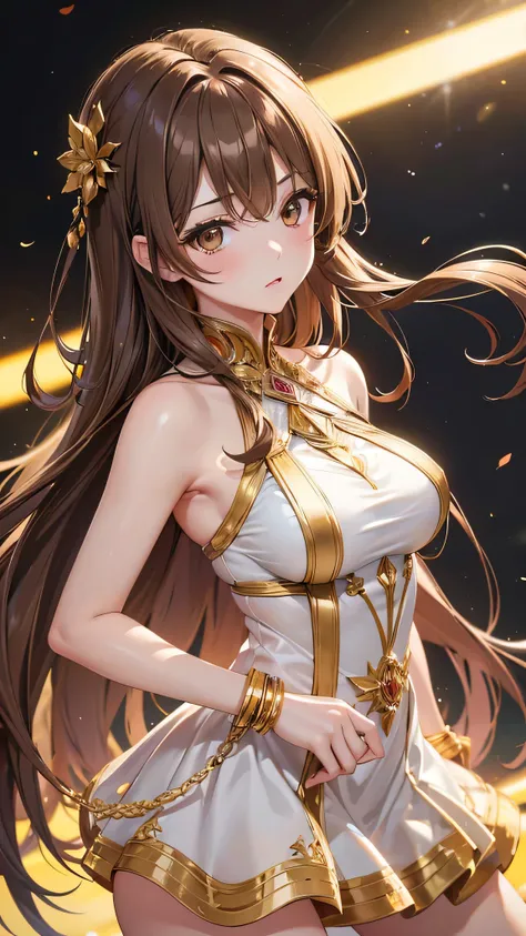 8k resolution,((Best Quality)),Ultra-high resolution,Adult women, Alone, sexy, (Expressionless), (Light brown eyes), A beautiful, symmetrical face, (Golden long hair),Idol Dress,Idol&#39;s skirt,panties,Realistic:1.4,Realistic:1.4,(masterpiece:1.2),Perfect...