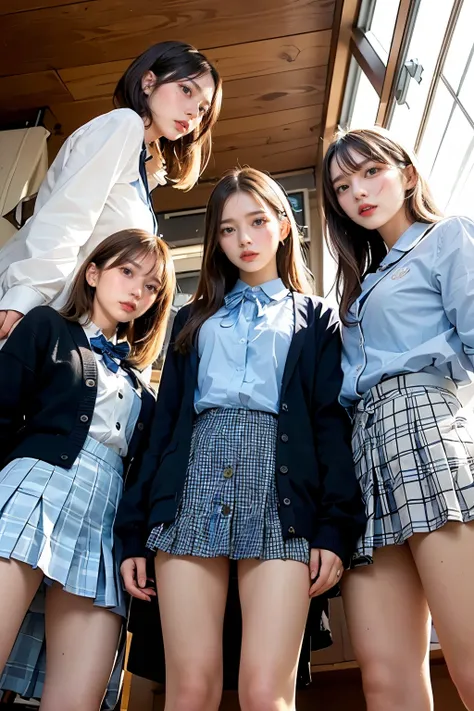 Masterpiece, 4K, bokeh, school uniform, Beautiful girls, group photo, harem, multiple girls, (Three girls in:1.6), (Bob hair:1.3), close up, classroom, sunset, Looking at the viewer, cowboy shot, (From below:1.3)

BREAK (cute school uniform:1.3), ((outerwe...