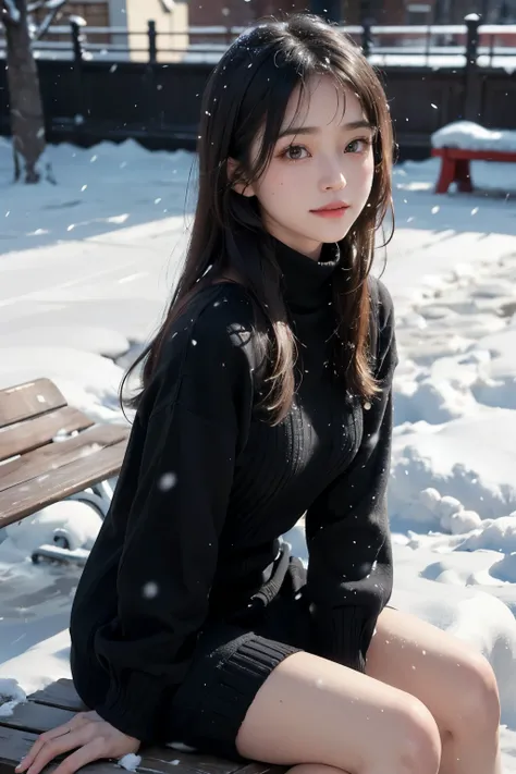 snow station.((masterpiece)), ((best quality)), ((ultra-detailed)),((hyperrealistic)),(japanese cute girl),(shiny skin),1 ladyl,(black hair),long hair,(black eyes,tareme,droopy eyes),(slenderbody),small breasts,,,sitting,bench,(black sweater,coat),((snowin...