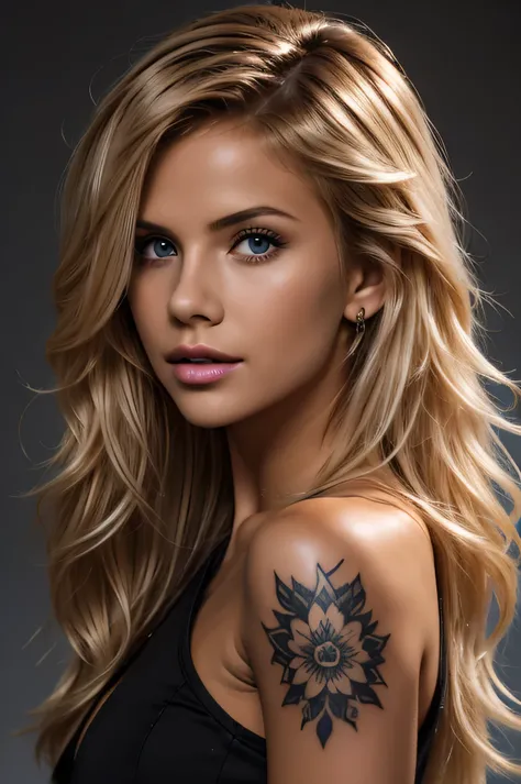 studio waist-up 2/3 view portrait of a beautiful woman with long blonde hair, shag-cut styled, diffuse lighting providing sharp detail of her hair and face and natural deep skin tones, industrial style tattoos, woman is wearing a black low cut dress and th...