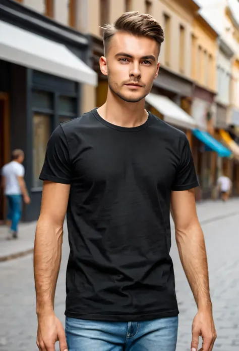 Young Model Shirt Mockup, Boy wearing black t-shirt on street in daylight, Shirt Mockup Template on hipster adult for design print, Male guy wearing casual t-shirt mockup placement