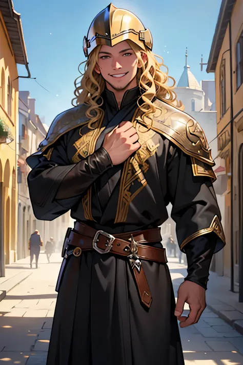 a young man with wavy,curly blonde hair,big grin,sparkling teeth,dark eyes,wearing robes,cowboy shot,medieval town in background,(best quality,4k,8k,highres,masterpiece:1.2),ultra-detailed),medieval,fantasy,portrait, helmet