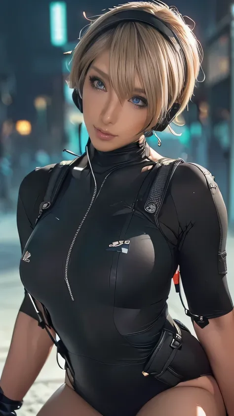 (One Woman),(((A female police officer of the future is riding a motorbike))),((Matte black tactical bodysuit:1.5)),((Headset:1.5)),((Tactical Holster:1.5)),(gloves:1.5),(serious:1.5),(Super Short Hair:1.5),(Blonde:1.5),(Beautiful Eyes:1.3),(Very detailedな...