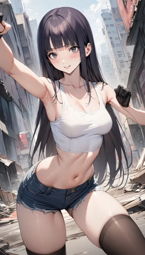 Action Scenes、((masterpiece,best quality anime:1.3,Best Quality)),realistic,cowboy shot,portrait,1woman,young adult,(dark blue hair),straight long hair,bangs,(very small head),gray eyes,(gorgeous big eyes),smile,(long body),medium breasts,(Combat Uniform、W...