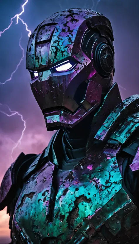 A chilling, cinematic portrayal of the *Ironman*, a towering, non-human entity encased in a suit of ancient, corroded armor that seems to be fused with the shadows. The mask covering its face is a featureless, smooth plate of dull silver, absorbing all lig...