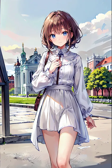 (bandter quality, High resolution, Ultra dandailed: 1.2), ((In 8K, Photo updated, high quality, masterpiece: 1.2)), girl, whole body, stand,Brown Hair，Shortcuts，Messy Hair，Short braided hair，Neat，Slender beauty，A dignified posture，Small chest，Beautiful fee...