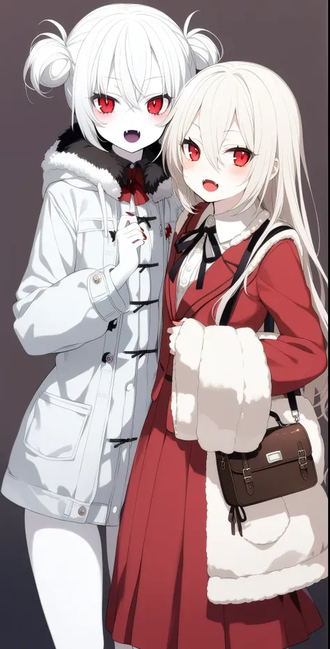 2 Girls、Cute hairstyle、Red Eyes、The fangs grow、vampire、high school student、Pure white and pale skin、Pure white hair、Mid-winter clothes、Height 150〜Over 180cm、vampire学園の生徒、Red nails、