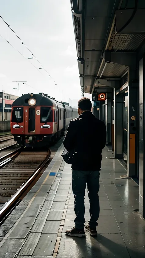 A person standing in an empty train station, looking at his watch calmly. The train in the distance is late. the environment is urban, but with few people, which gives a feeling of calm and reflection. The person does not seem anxious, but is at peace with...