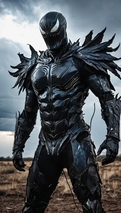 A chilling, cinematic portrayal of the *Venom*, a towering, non-human entity encased in a suit of ancient, corroded armor that seems to be fused with the shadows. The mask covering its face is a featureless, smooth plate of dull silver, absorbing all light...