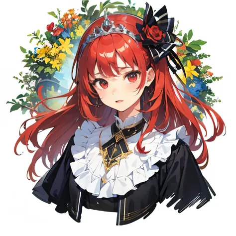 ((best quality)), ((masterpiece)), (detailed), 1girl, red eyes, red long hair, princess dress, tiara