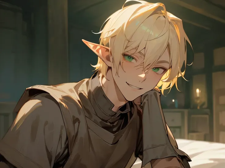 The medieval world,Working Adults.,male,White Skin Elf Ears,Handsome,Cool vibe,Blonde,Green Eyes,Slanted Eyes,Short Hair,Gloomy mood(Masseter muscle area,Viewer Perspective,Upper Body,Face close-up,Horny,Wicked Smile,Yandere vibe,,Night atmosphere,Slave cl...