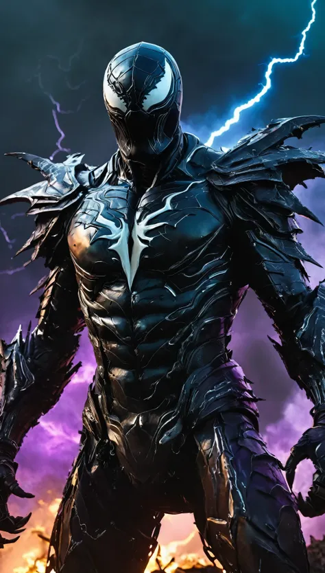 A chilling, cinematic portrayal of the *Venom*, a towering, non-human entity encased in a suit of ancient, corroded armor that seems to be fused with the shadows. The mask covering its face is a featureless, smooth plate of dull silver, absorbing all light...