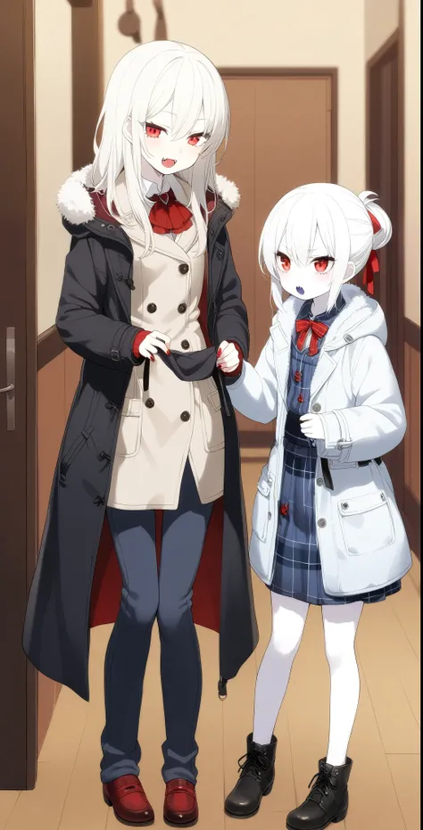 2 Girls、Cute hairstyle、Red Eyes、The fangs grow、vampire、high school student、Pure white and pale skin、Pure white hair、Mid-winter clothes、Height 150〜Over 180cm、vampire学園の生徒、Red nails、Wearing a coat、Wearing winter trousers、Dressing up