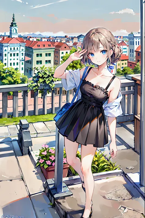 (bandter quality, High resolution, Ultra dandailed: 1.2), ((In 8K, Photo updated, high quality, masterpiece: 1.2)), Girl on a trip, Black camisole，holding a large brown travel bag，whole body, stand,Brown Hair，Shortcuts，Messy Hair，Short braided hair，Neat，Sl...