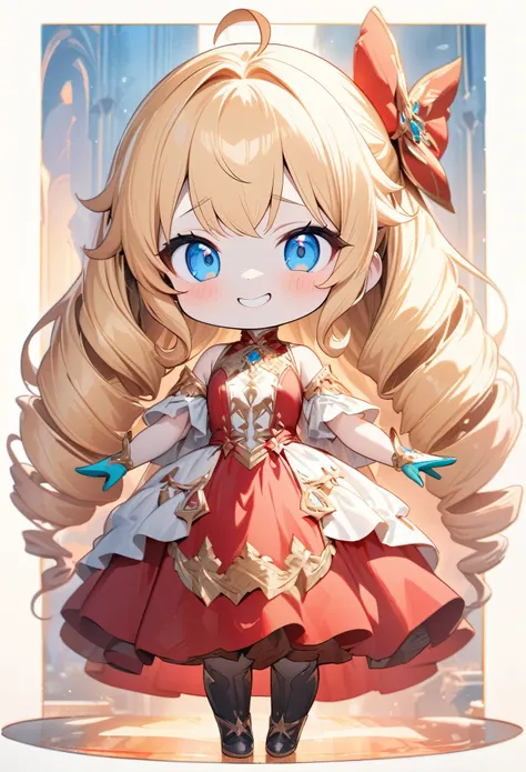 Girl, Proud, Grin, View your viewers, Long Hair, Ahoge, blonde, Drill Hair, blue eyes, Slanted Eyes, Big eyes, Eyes half closed, Pale skin, Gorgeous red dress, Evening Gloves, Long-term, Luxurious aristocratic room, Speedy Shot, masterpiece of the highest ...