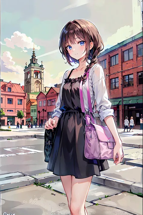 ((masterpiece)), (anime:1.5), ((Best Quality)), (RAW Photos:1.2), (High resolution:1.3), (Professional photography:1.2), (chromatic aberration),Girl on a trip, Black camisole，holding a large brown travel bag，whole body, stand,Brown Hair，Shortcuts，Messy Hai...