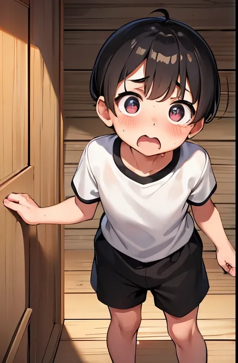 Small child male 1,White shirt,Black shorts,sweat,Shortcuts,Standing,Embarrassing,Please open your mouth wide,Running Shoes,Down,Surprised,panic,shy,blush,Embarrassing気持ち,Inside an old wooden hut,front,View your viewers,