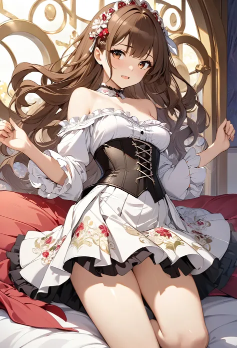 (((nsfw))),Seductive scene of a young woman lying with her legs apart on a richly decorated bed, she was adorned with hair accessories、, Wavy brown hair..Super mini skirt with frills, Her facial expression is natural, Calm expression. She wore a mini skirt...