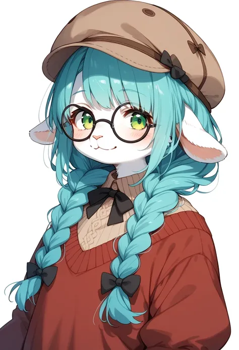 score_9, score_8_up, score_7_up, score_6_up, score_5_up, score_4_up, source_anime, best quality, masterpiece, 1 male, (furry, kemono:1.2), sheep, braid, solo, glasses, twin braids, green eyes, smile, hat, long hair, upper body, looking at viewer, aqua hair...