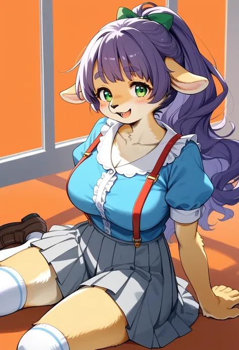 score_9, score_8_up, score_7_up, score_6_up, score_5_up, score_4_up, source_anime, best quality, masterpiece, 1 male, (furry, kemono:1.2), sheep, breasts, green eyes, skirt, large breasts, looking at viewer, long hair, shirt, smile, purple hair, sitting, b...