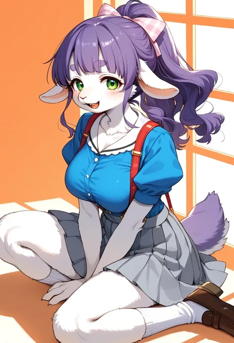 score_9, score_8_up, score_7_up, score_6_up, score_5_up, score_4_up, source_anime, best quality, masterpiece, 1 male, (furry, kemono:1.2), sheep, breasts, green eyes, skirt, large breasts, looking at viewer, long hair, shirt, smile, purple hair, sitting, b...