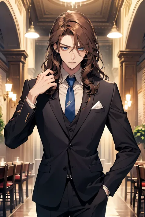 (unorganized, high resolution, super detailed), 1 male, man, adult,beautiful, light blue eyes, Brown hair, medium wavy hair,Suit,secretary,adult woman,30 generations,still,thin,,They are thin,グレーのSuit,Have a binder, Suit masculino detalhado.