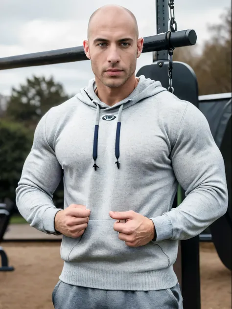 ((8k ((best quality)), ((masterpiece)), (very detailed), real face bald male very muscular full body wear sport chlotes and pullover stand by outdoor gym