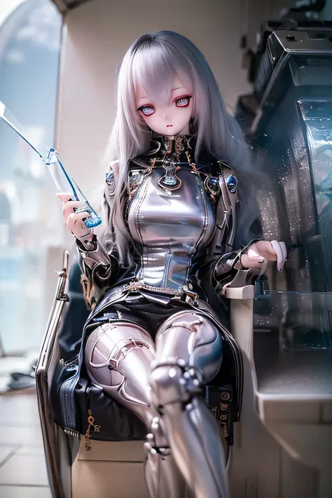 (SFW:2), photorealistic, realistic photo, 8k, ((highest quality)), ((masterpiece)), (extremely detailed), kukolnydom, doll, mecha, (mature woman, 21yo, 2, solo:1.6), (sitting, spaceship interior, plastic skin, looking at another, glass eyes, gradient eyes,...