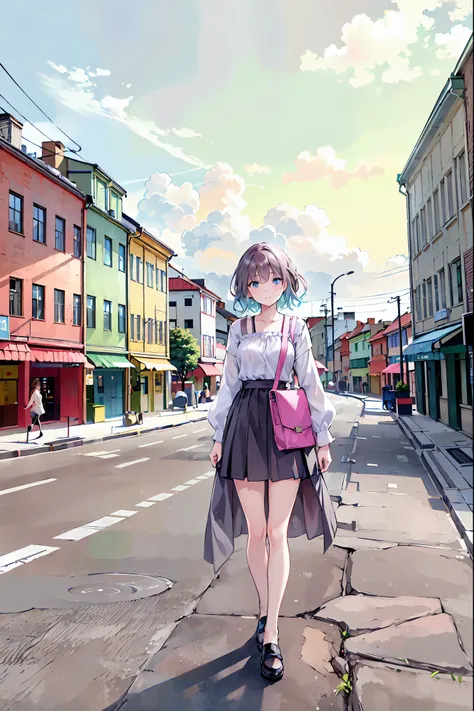 ((masterpiece)), (anime:1.5), ((Best Quality)), (RAW Photos:1.2), (High resolution:1.3), (Professional photography:1.2), (chromatic aberration),Girl on a trip, Black camisole，She is holding a large pink travel bag，whole body, stand,Brown Hair，Shortcuts，Mes...