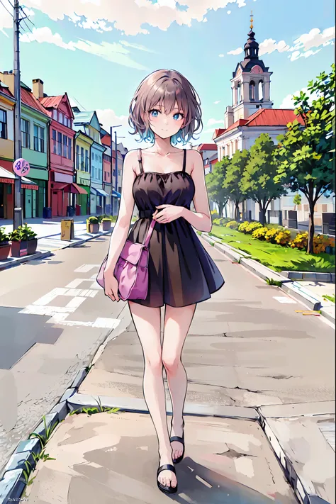 ((masterpiece)), (anime:1.5), ((Best Quality)), (RAW Photos:1.2), (High resolution:1.3), (Professional photography:1.2), (chromatic aberration),Girl on a trip, Black camisole，She is holding a large pink travel bag，whole body, stand,Brown Hair，Shortcuts，Mes...