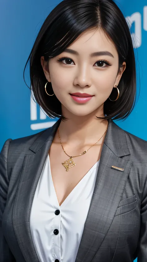 RAW Photo High Resolution, Very detailed, Intricate details, 、ear piercing、、Short Hair、Jet Black Hair、Office Lady Suits 、jacket、shirt、Heavy makeup、Necklace around the neck、, The background is the office
