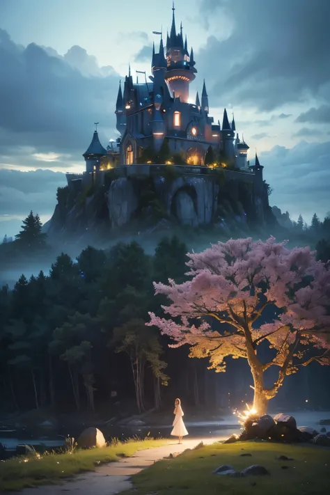 A dreamlike fantasy landscape, a surreal forest with glowing mushrooms, floating islands, and a whimsical castle in the distance, 1girl, detailed face, beautiful eyes, long hair, detailed dress, walking through the mystical scenery, (best quality,4k,8k,hig...