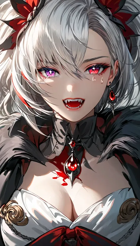 a portrait of vampire with a bloody tear coming down from he eye, an exotic beautiful female vampire, white hair color, dynamic ...