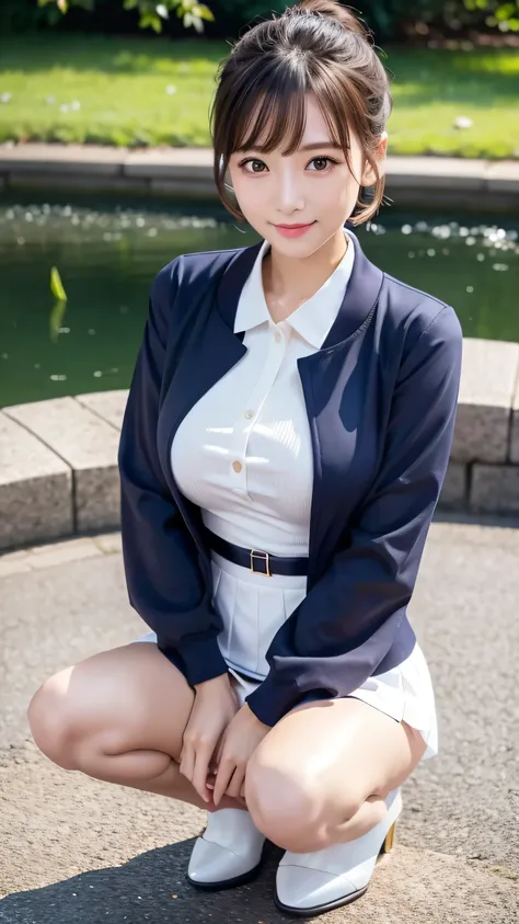 Navy blue long sleeve jacket and white mini skirt、Crouching、Camera angle from below 1.3、Black panties are visible from under the skirt..5、ponytail、16ｋ、Best Quality、Highest quality、masterpiece,Beautiful, gorgeous and cute Japanese women:1.3, Delicate and be...