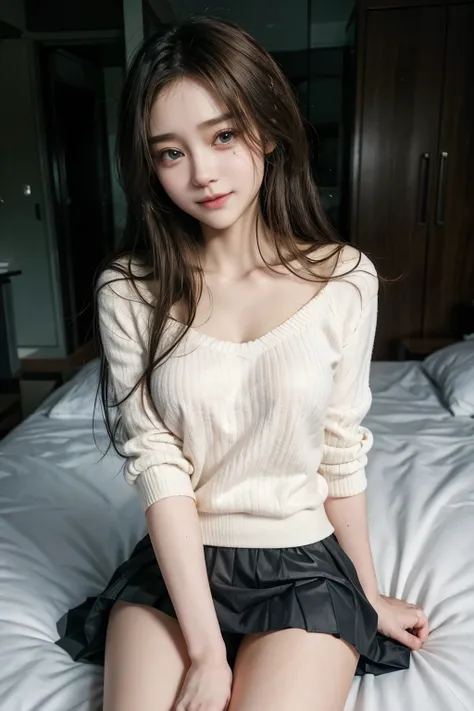 a very beautiful and very cute japanese girl shows her white panties(wearing a open-chested knit sweater & a colored miniskirt, (Flirtingly lifting her skirt to show her white panties:1.3)lying and sitting on a a bed. with a smiling, semi long brown hair, ...