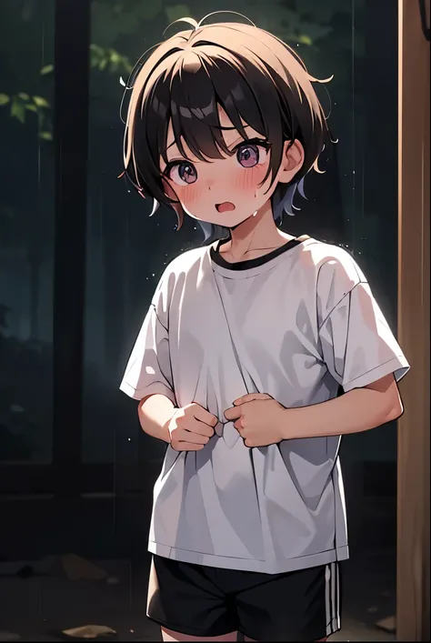 Small child male,White shirt,Black shorts,sweat,Shortcuts,Standing,Embarrassing,Please open your mouth wide,Running Shoes,rain,forest,night,Down,Surprised,panic,shy,Embarrassing気持ち,blush,Cowboy Shot