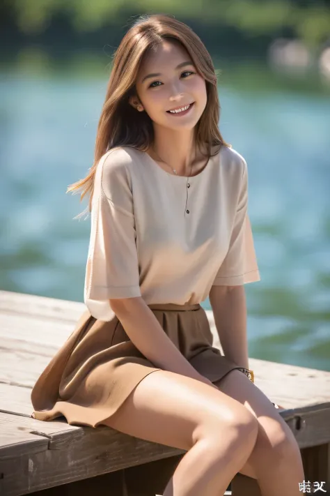 ((top-quality、in 8K、​masterpiece:1.3))、Best Quality, Realistic, Very detailed, High resolution, A beautiful Japanese woman, Light brown messy hair, Wear a slit skirt、 Beautiful Eyes, Thin Hair,  smile、Beautiful legs、talk、chat、Sitting on a pier on the lake