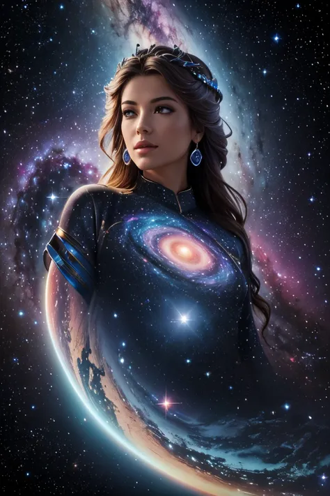 Create a realistic landscape image of the universe with the Andromeda Galaxy as the center (not the focus) and other components such as nebulae, comets, and planets. This supremely beautiful goddess of the Creator of the Universe gazes out into deep space....