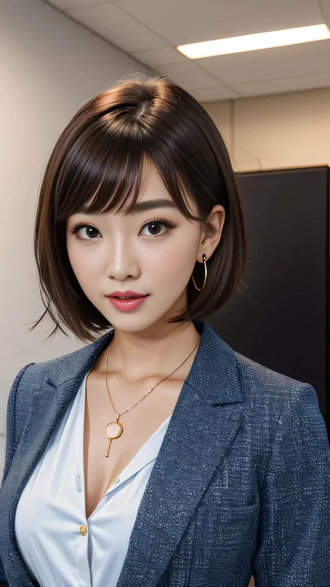 RAW Photo High Resolution, Very detailed, Intricate details, 、ear piercing、、Short Hair、Dark Brown Hair、Office Lady Suits 、、jacket、shirt、Heavy makeup、Necklace around the neck、, The background is the office
