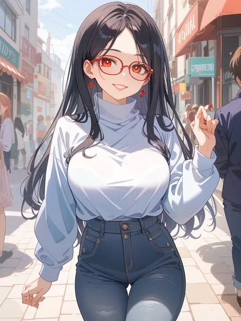 One girl、beautiful girl、Big Breasts、Saggy breasts、Under-rim glasses、red rimmed glasses、Teardrop、Droopy eyes、tall、Black Hair、Long Hair、Long eyelashes、Downcast eyes、Plump lips、Small waist、Turtleneck knit、Skinny jeans、winter、City、smile、, UHD, masterpiece, acc...