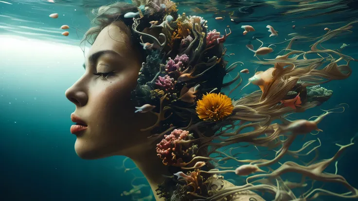 Underwater music, style incorporating the fantastical elements of Lee Jeffries  and Mark Molchan, infused with the serene sensitivity of Pino Daeni, projected dream scenes via double exposure, Matte, right value, the right color detailed face features, sha...