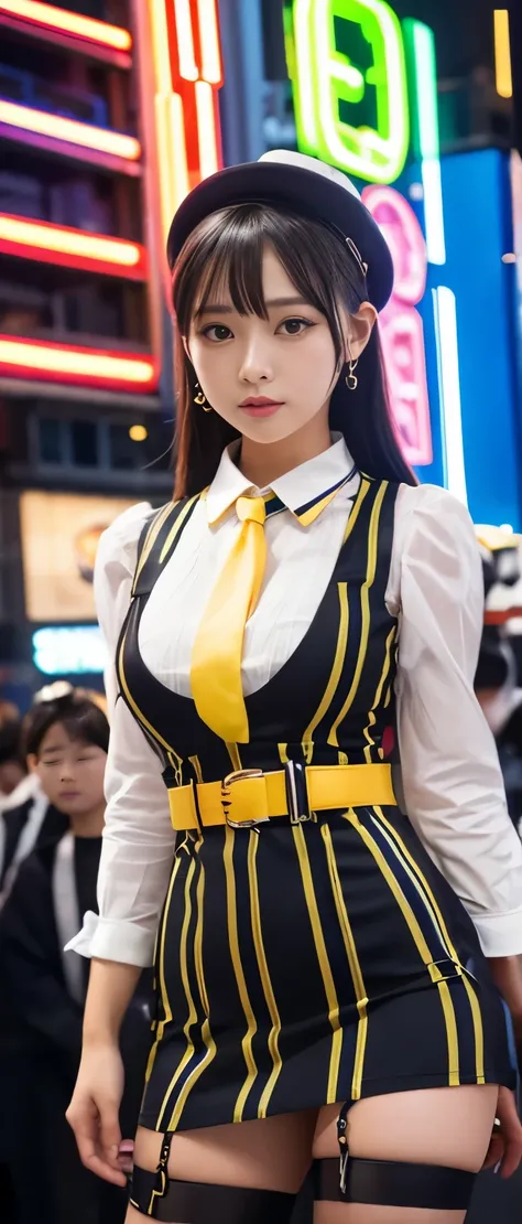 Gorgeous idol girl、whole body、Good style、、、、、、、、、、Thick legs、Steampunk Striped Tight Dress（Fluorescent yellow and white）、Formal Shirt、Cool girl face、、、、Skull belt、、Emitting spotlight、Colorful night city、