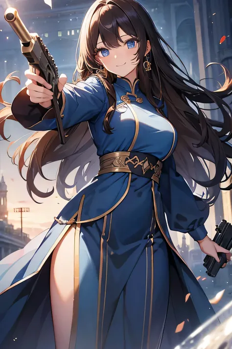 long Curly hair parted bangs wav darkbrownhair
droopy Lightbrown long eyelashes
{blue bright eyes} 
beautiful woman
bluedress
Happysmile standing
whole body
pointing a gun
palace
高解像度,
accurate, Very detailed, Crystal Earrings,