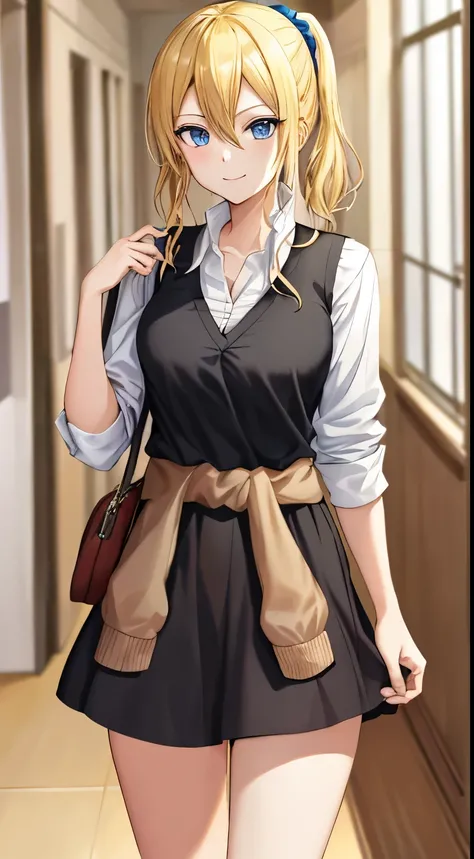 2d, masterpiece, best quality, anime, highly detailed, cowboy shot, 1girl, solo, hayasaka ai, blue eyes, blonde hair, black dress, white shirt, cardigan around waist, blue scrunchie, standing, indoors, hallway, smile