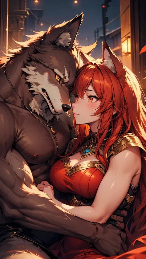 1 male anthro furry wolf couple, detailed facial features, highly detailed, romantic intimate pose, photorealistic, cinematic lighting, warm colors, vibrant, award winning digital art