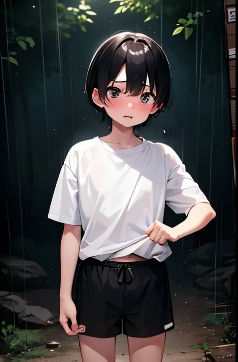 Small child male,White shirt,Black shorts,sweat,Shortcuts,Standing,Embarrassing,Please open your mouth wide,Running Shoes,rain,forest,night,Down,Surprised,panic,shy,Embarrassing気持ち,blush,Cowboy Shot,front,