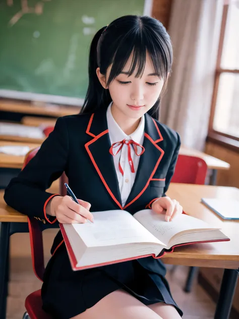 (Portrait of one slender small breasts two side up black medium hair with bangs girl in a black blazer uniform with a red trimmed collar and black skirt:1.5)、(A girl is reading the book on the chair at the desk and writing words on the notebook with small ...